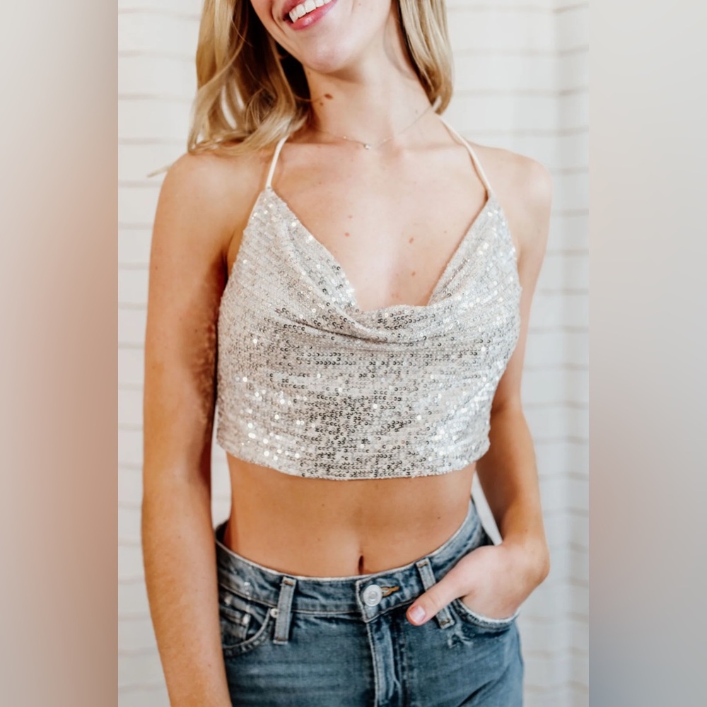 Hey Babe Meet Me At Midnight Sequin Top - Silver - M